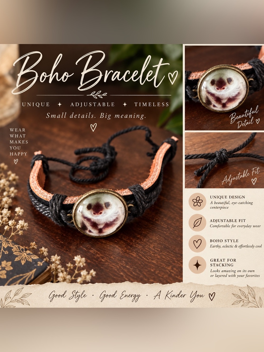 Boho Floral Sloth Face Bracelet • Adjustable Cord & Leather • Vintage Inspired